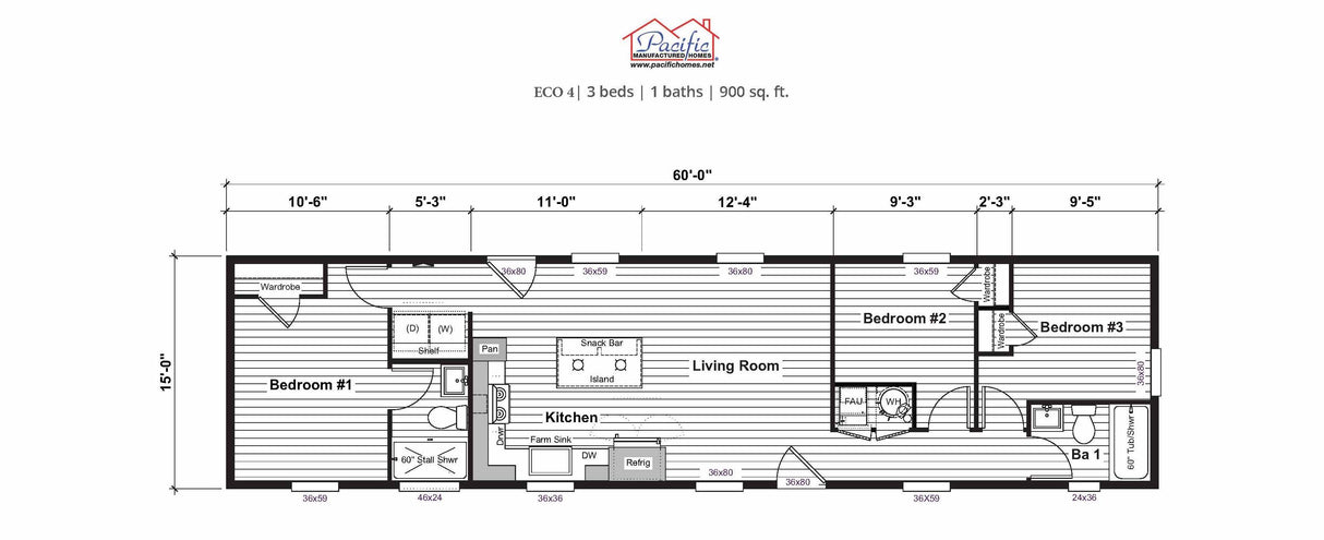 PACIFIC ECO 4 - 3BD X 1BA 900 SQFT