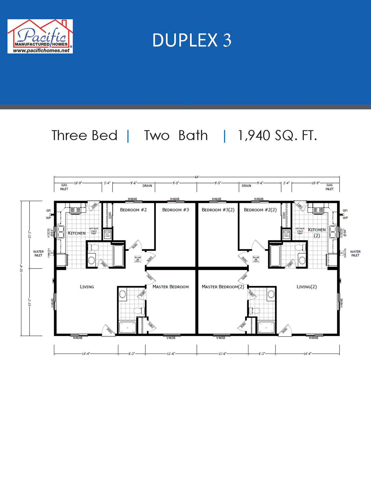 PACIFIC DUPLEX 3 - 3BD X 2BA 1,940 SQFT