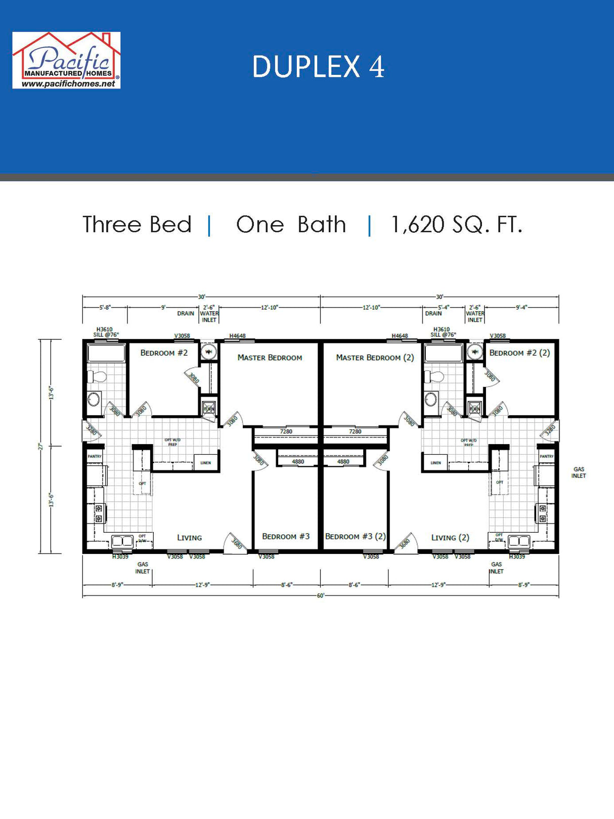 PACIFIC DUPLEX 4 - 3BD X 1BA 1,620 SQFT