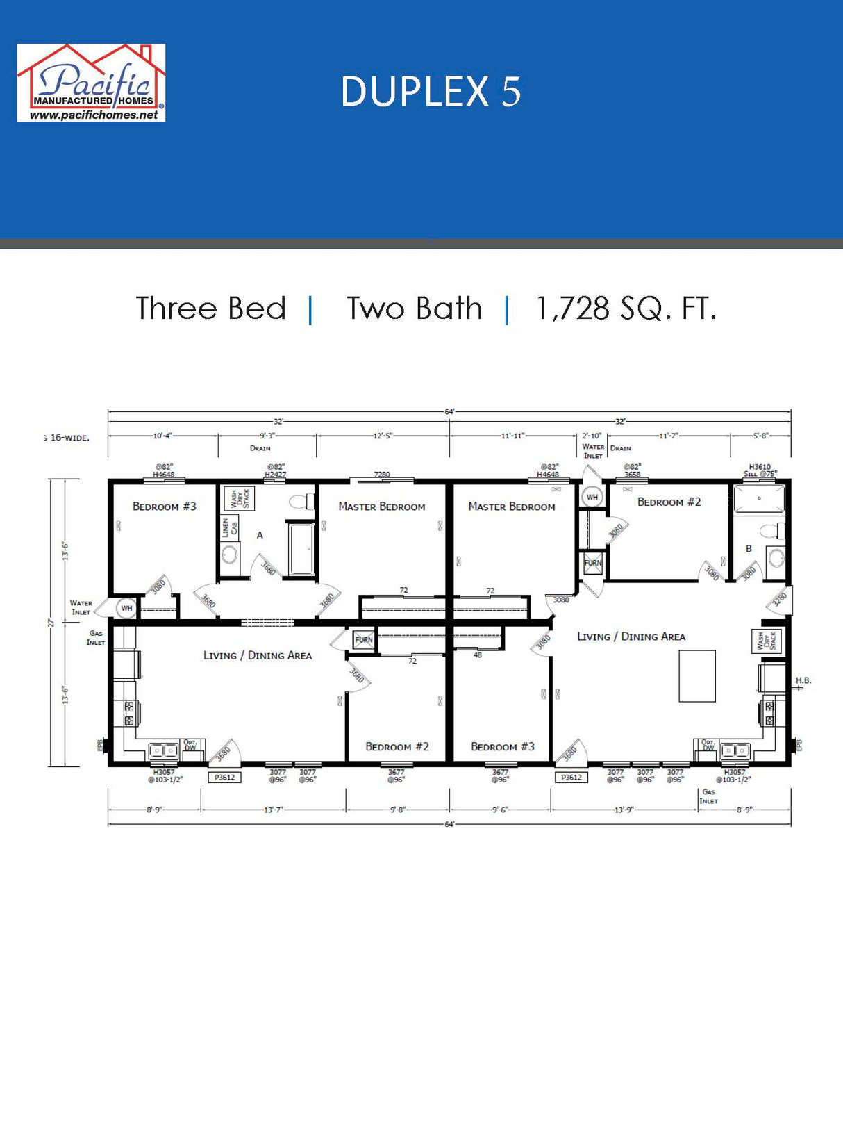 PACIFIC DUPLEX 5 - 3BD X 2BA 1,728 SQFT